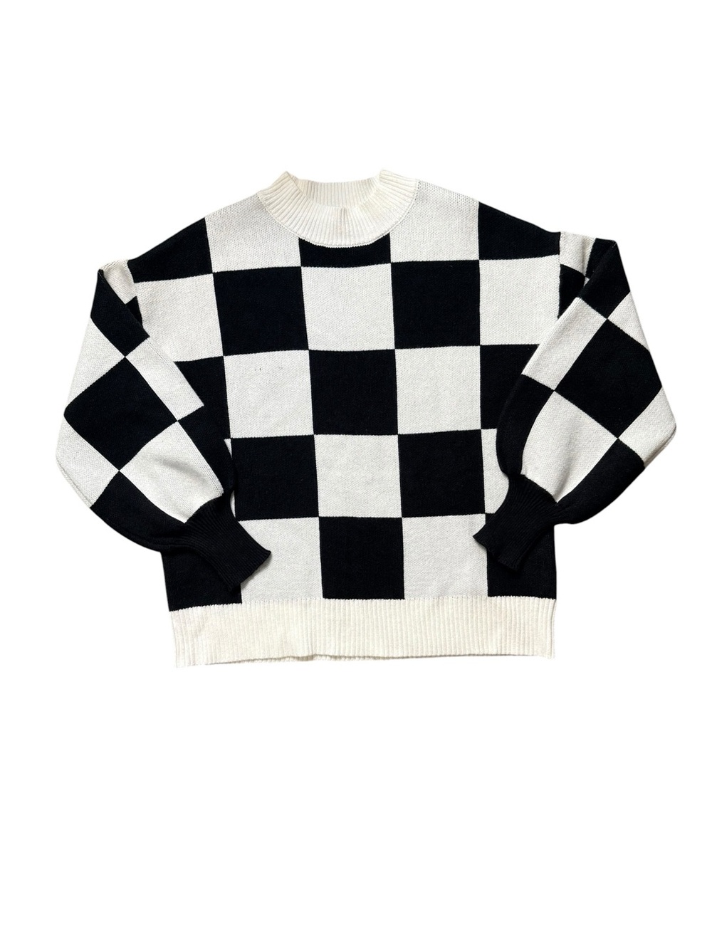 ZESICA Black White Checkerboard Balloon Sleeve Sweater Size Small - Picture 2 of 9